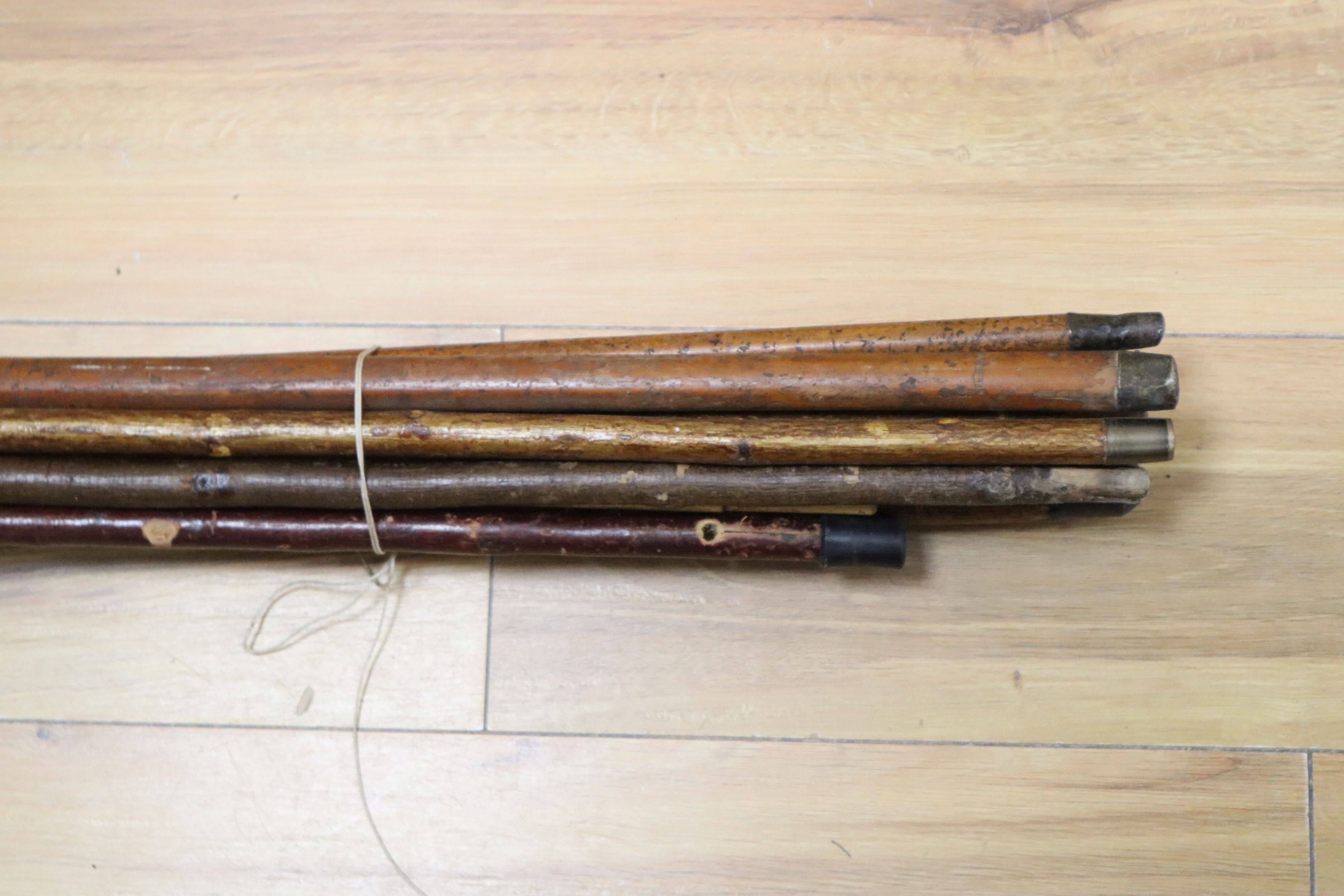 A group of walking sticks, one with silver collar and two with white metal collars
